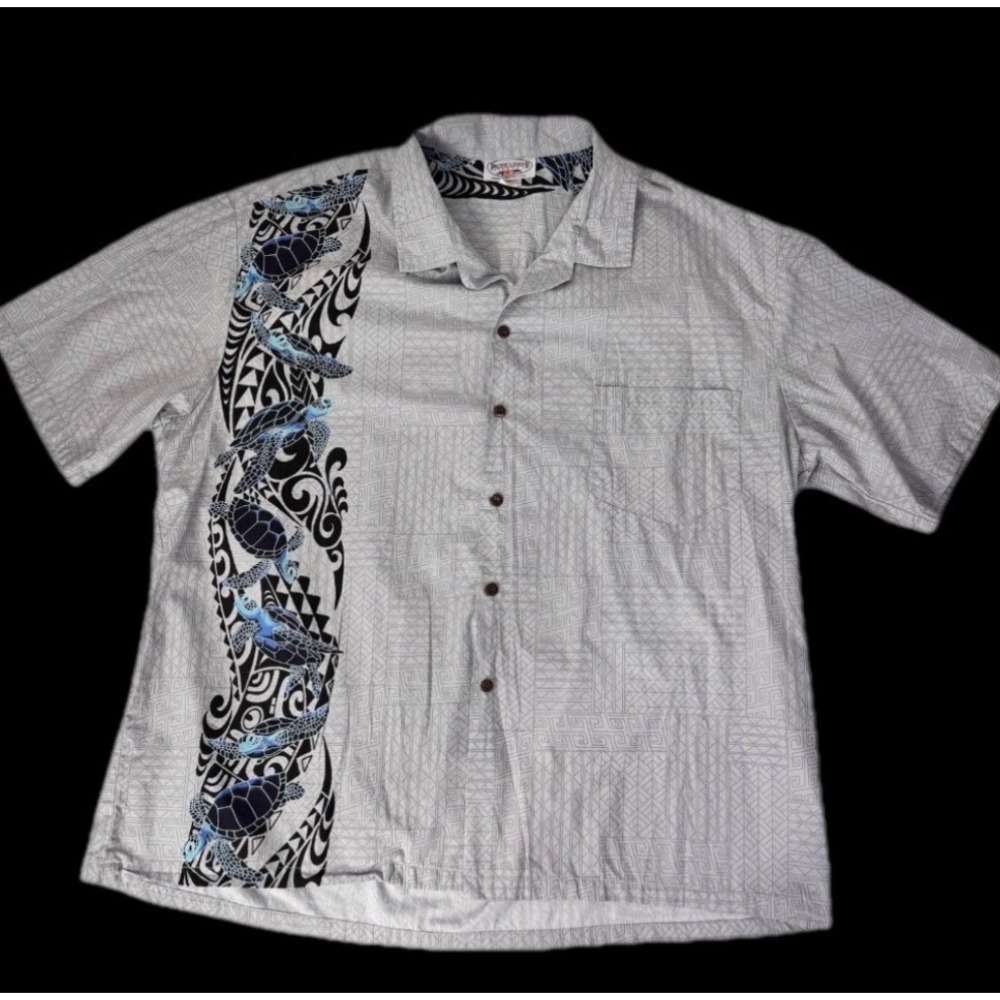Pacific Legend Hawaiian Shirt Men‎ 3X Gray Sea Turtle Tribal Print Cotton Aloha